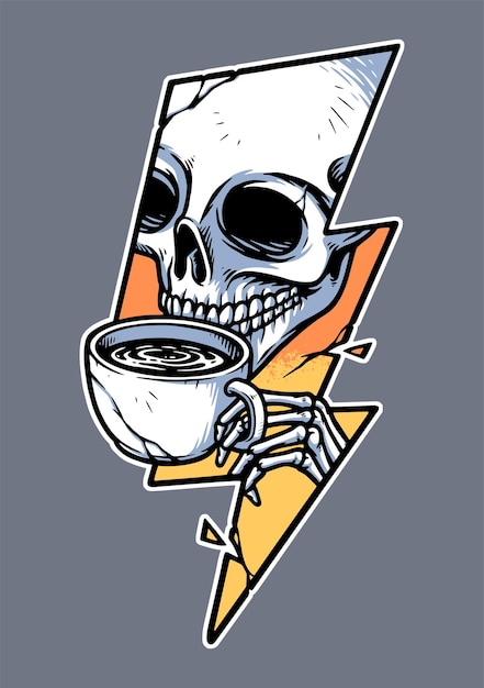 cráneo bebiendo café y forma de rayo