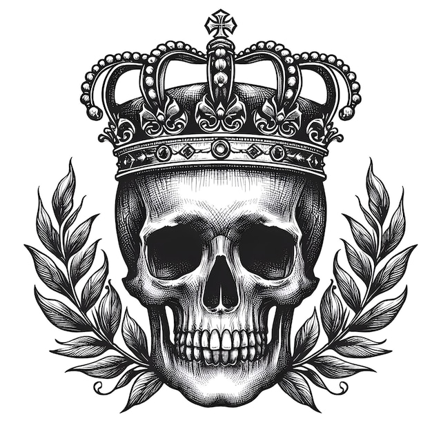 Cráneo con boceto de corona dibujando ilustración vectorial de tatuaje en blanco y negro sobre un fondo blanco