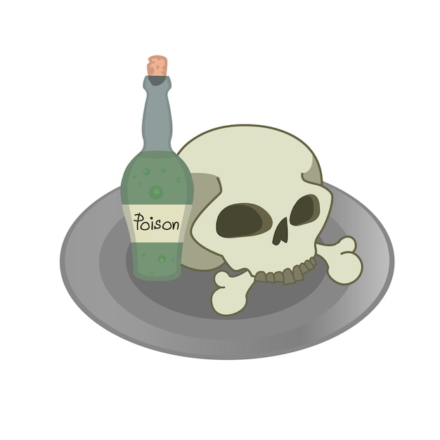 Cráneo, botella de veneno verde en un plato. Ilustración vectorial
