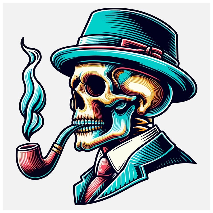 Vector cráneo de caballero con pipa de fumar elemento de diseño para el signo de la etiqueta ilustración de la camiseta