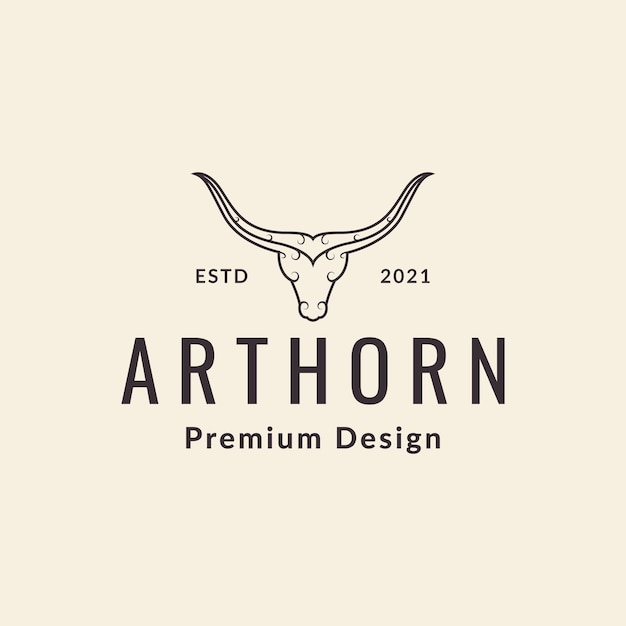 Cráneo cabeza cuerno largo línea arte vintage logotipo diseño vector gráfico símbolo icono signo ilustración idea creativa