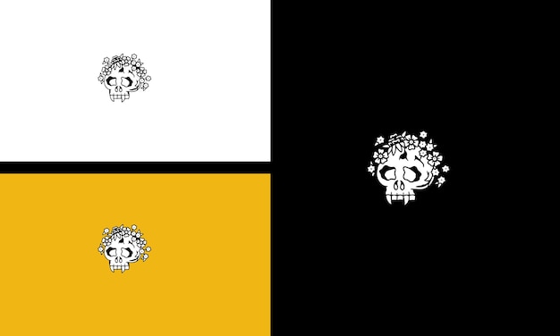 Cráneo de cabeza con diseño de esquema de ilustración de vector de flores