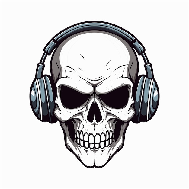 Cráneo con cabeza de ilustración de vector de auriculares de personaje en auriculares en blanco y negro