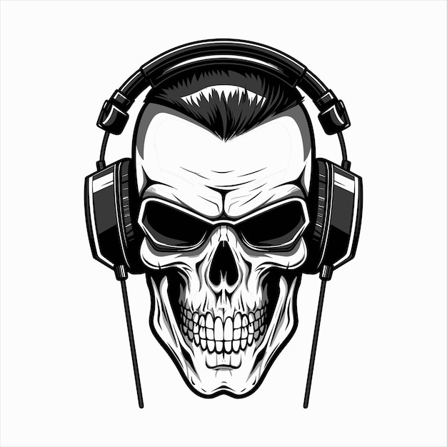 Cráneo con cabeza de ilustración de vector de auriculares de personaje en auriculares en blanco y negro