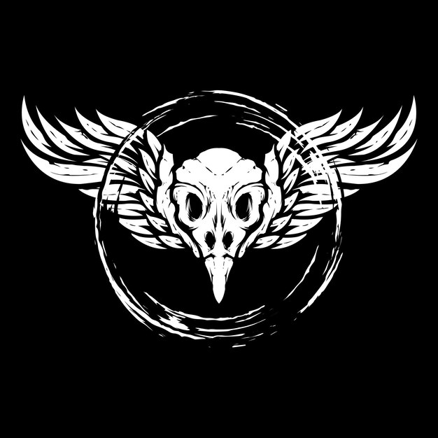 Cráneo de cabeza de pájaro blanco y negro con alas dentro del círculo diseño de logotipo de ilustración abstracta
