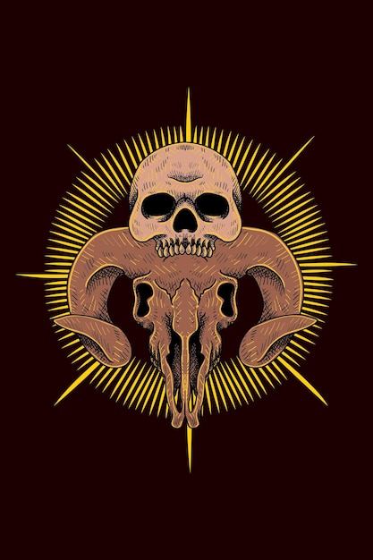 Cráneo de cabra con ilustración de vector de cráneo humano