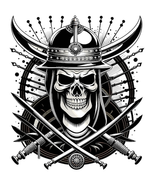 Cráneo en casco y espadas cruzadas Ilustración vectorial para diseño de tatuajes o camisetas
