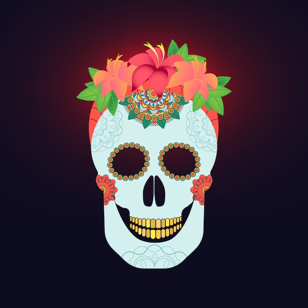 Cráneo de catrina mexicana tradicional con decoración de pintura y arreglo de flores de colores de primavera en el pelo