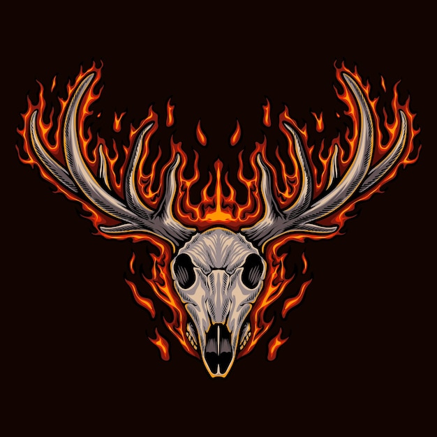 Cráneo de ciervo en llamasIlustración ciervo Diseño fuego