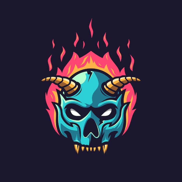 Cráneo con clip art de cuerno y fuego para el logotipo de esport
