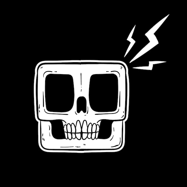 Cráneo cuadrado dibujado a mano con ilustración en blanco y negro de relámpagos vector gratis