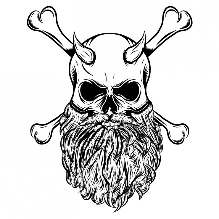 Vector cráneo con cuernos con barba y hueso cruzado de ilustración