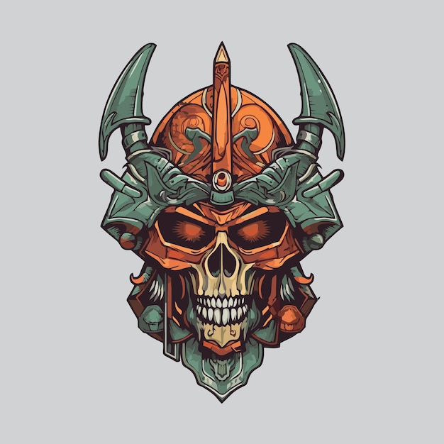 Cráneo con cuernos y casco vikingo ilustración vectorial Diseño para camiseta de tatuaje o impresión