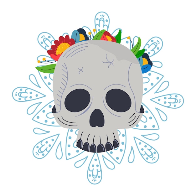 Cráneo con decoración de flores ilustración vectorial símbolo de la muerte mexicana aislado en el conjunto de esqueleto blanco