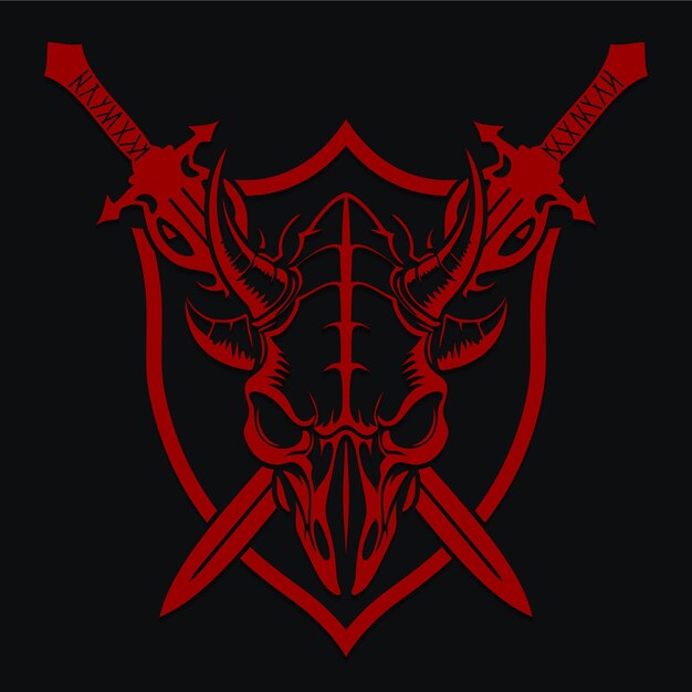 cráneo de demonio con escudo y espadas logotipo heráldico