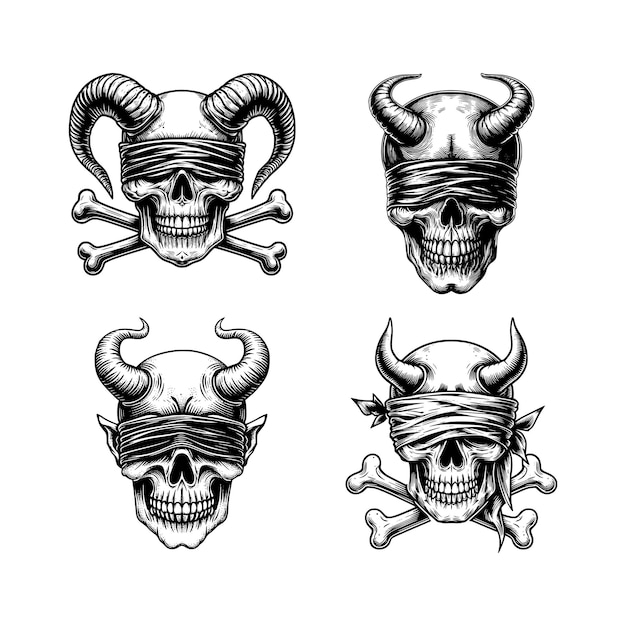 Cráneo de demonio con los ojos vendados y huesos cruzados colección ilustración vectorial de línea negra estilo vintage