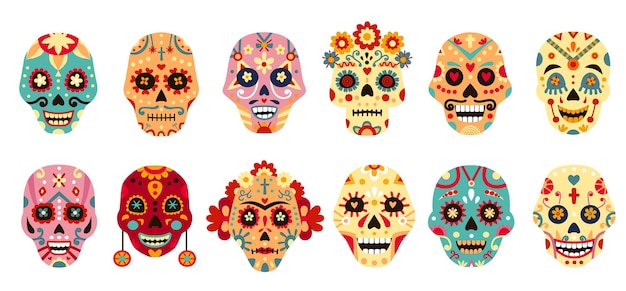 Cráneo de dia de los muertos. día mexicano de los muertos decorativos calaveras de azúcar de hombre y mujer con flor. conjunto de vector de cara de esqueleto de vacaciones de méxico