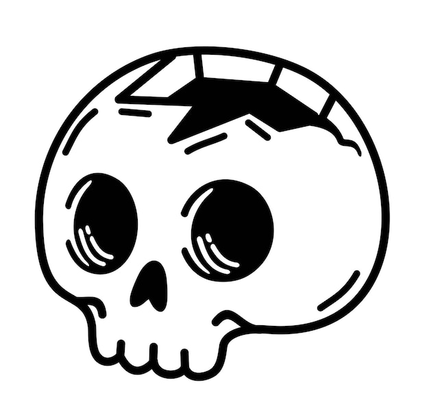 Cráneo de dibujos animados lindo agrietado Cráneo con un agujero Cráneo de dibujos animados lindo para vacaciones Diseño de tatuaje y camiseta