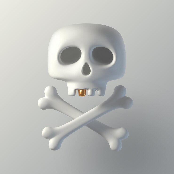 Vector cráneo de dibujos animados de procesamiento 3d humano con diente de oro y tibias cruzadas