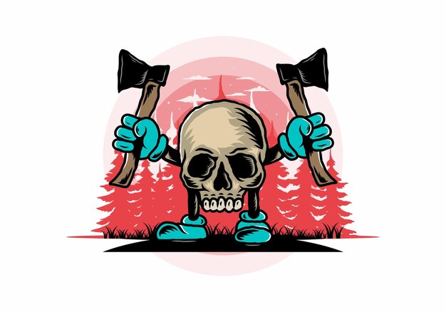 Cráneo con diseño de ilustración de dos hachas
