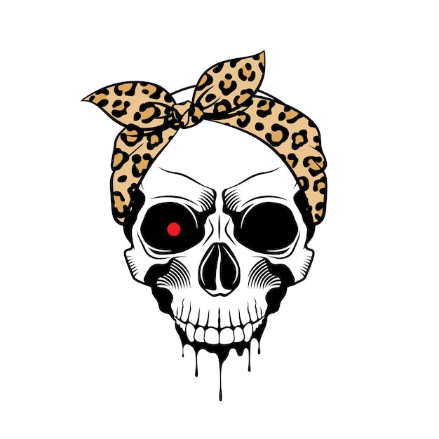 Cráneo con estampado de leopardo bandana rojo ojo brillante salpicaduras y gotas de pintura Ilustración vectorial dibujada a mano sobre fondo blanco