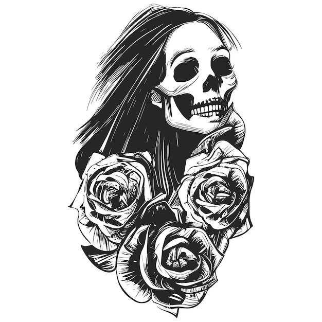 Vector cráneo femenino con rosas mano dibujada vector blanco y negro imágenes prediseñadas