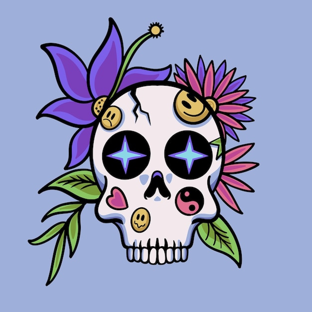 Cráneo Flor Yin Yang Tatuaje Dibujos animados