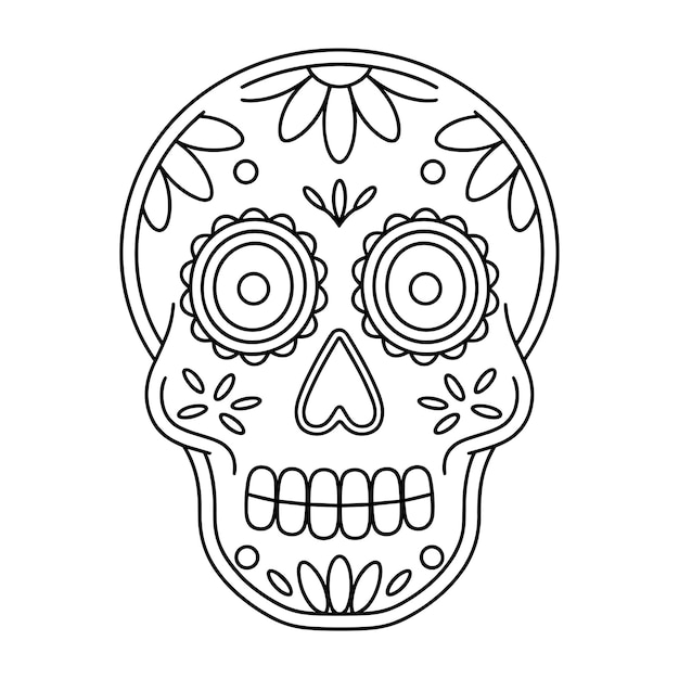 Un cráneo con flores y hojas en él El cráneo está dibujado en blanco y negro página de colorear vectorial