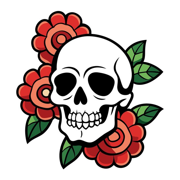 Un cráneo con flores rojas y un cráneo con una flor roja en el medio