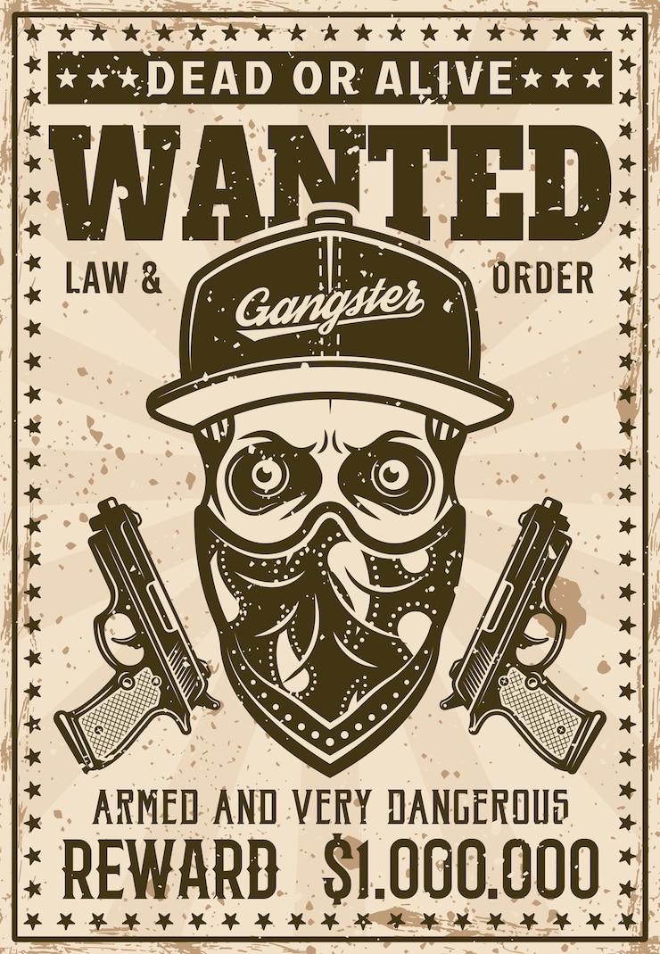Vector el cráneo del gángster del ghetto con gorra de béisbol y pañuelo en la cara quería un cartel en la ilustración de vector de estilo vintage. texto y textura grunge separados en capas