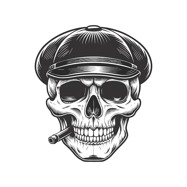 Cráneo en una gorra con un cigarrillo