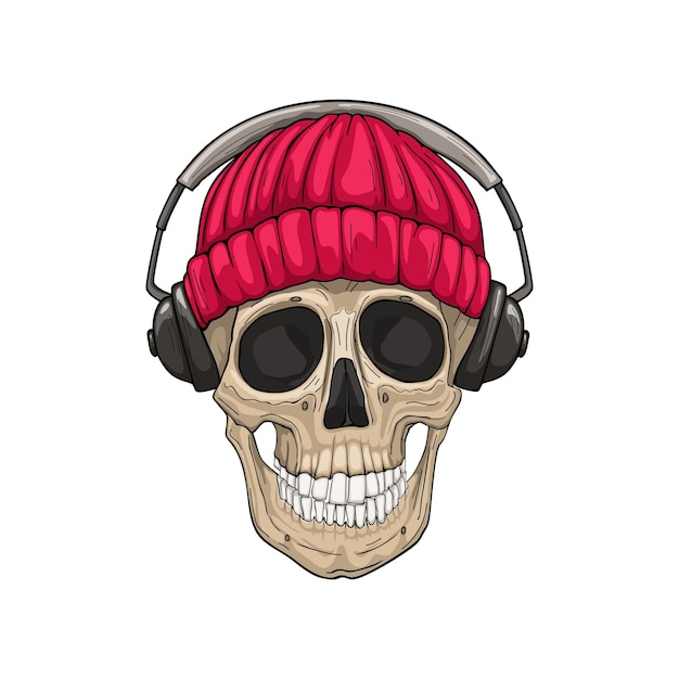 Cráneo con gorra de punto y auriculares Ilustración vectorial