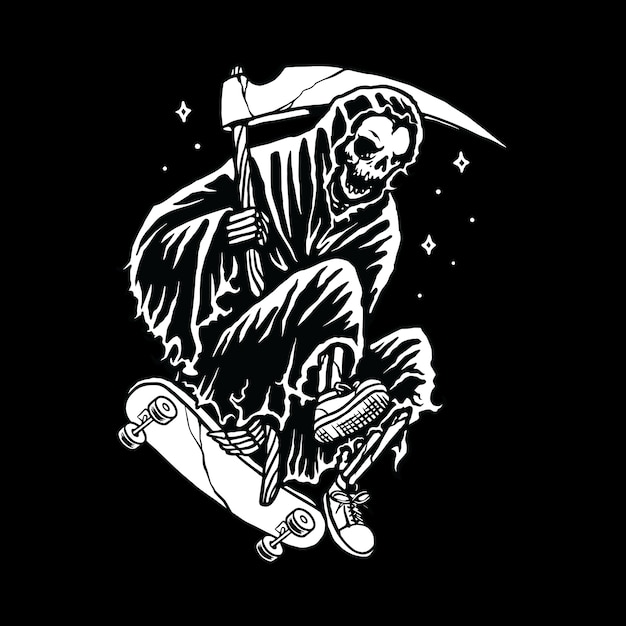 Cráneo grim reaper skateboarding line ilustración gráfica arte vectorial diseño de camiseta