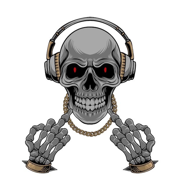 Vector un cráneo de hip hop con auriculares y collar