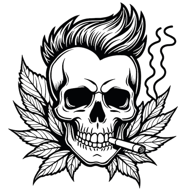 Cráneo con hojas de marihuana y cigarrillo