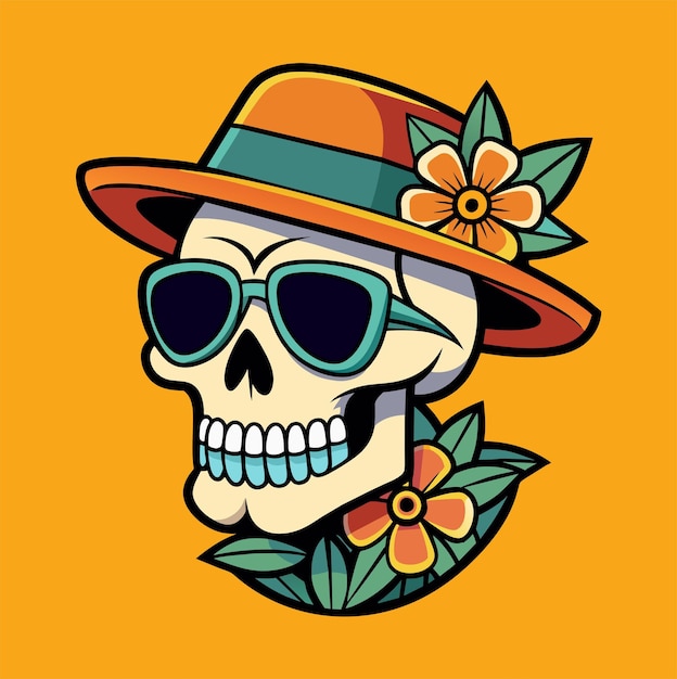 Vector cráneo de hombre con gafas de sol y gorra con diseño de pegatina de camiseta de flores