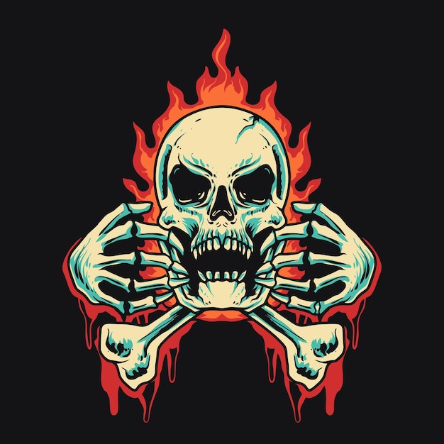 Cráneo, hueso, fuego, retro, vector, ilustración