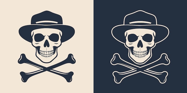 Un cráneo y huesos cruzados con una ilustración de sombrero