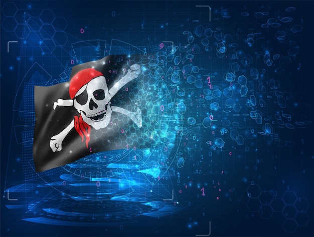 Cráneo con huesos piratas vector bandera 3d sobre fondo azul con interfaces hud