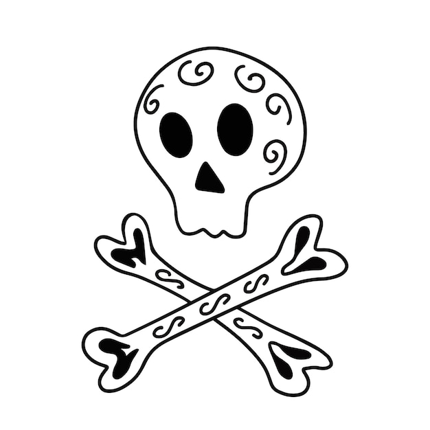 Vector cráneo, huesos sobre un fondo blanco. ilustración dibujada a mano para halloween, impresión, logotipo, tarjetas de felicitación, carteles, pegatinas, textil y diseño de temporada.