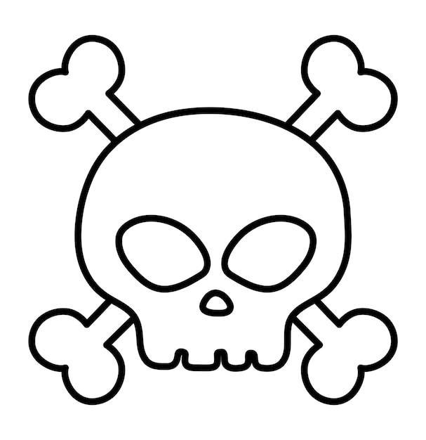 Cráneo humano en blanco y negro e icono de huesos cruzados página para colorear de esqueleto de línea vectorial diseño de esquema aterrador para la fiesta de halloween ilustración pirata elemento del día de todos los santos