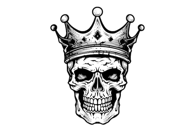 Cráneo humano en una corona en estilo de grabado en madera Ilustración de boceto de grabado vectorial para tatuaje e impresión