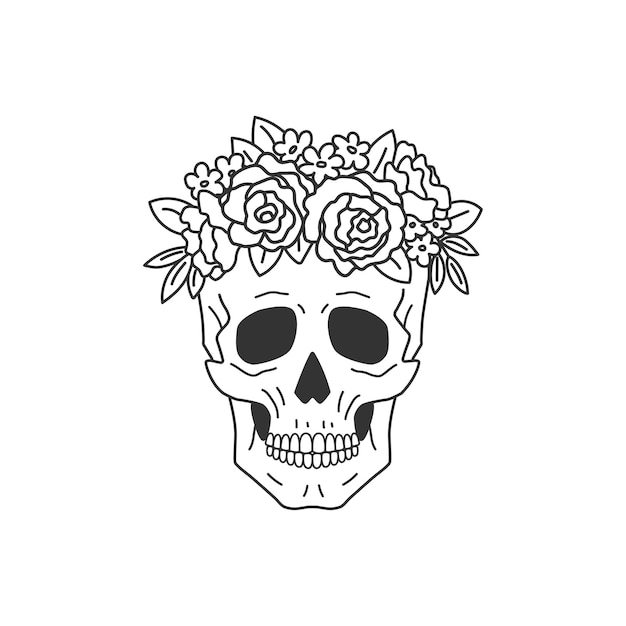Cráneo humano con corona floral de flores silvestres hojas de rosas y peonías