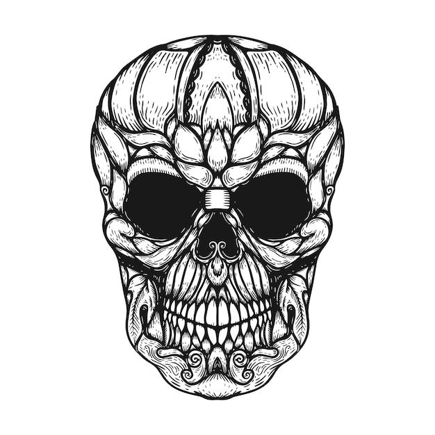 Cráneo humano dibujado a mano con formas florales.