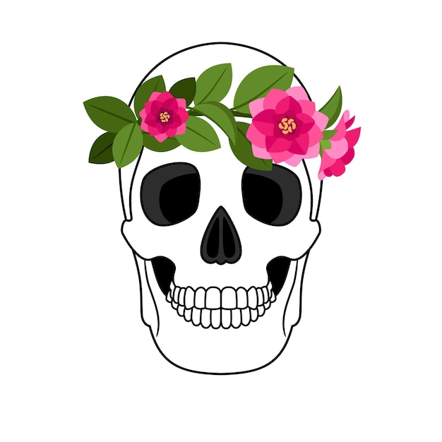 Cráneo humano floreciente. Icono de calaveras bohemias de flores florecientes, cabeza de esqueleto humano de corona floral de moda hippie, hueso muerto de halloween floral rosa, ilustración vectorial de decoración mexicana