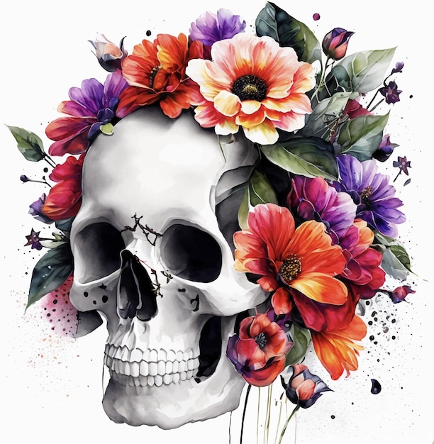 Cráneo humano con flores Halloween Ai generar