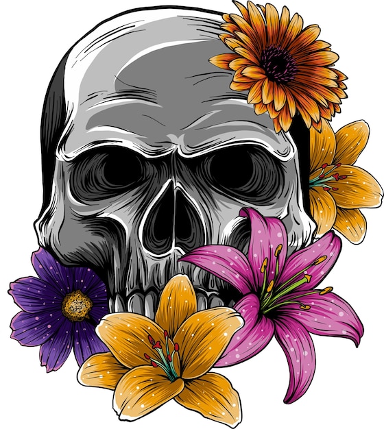 Cráneo humano con flores ilustración vectorial sobre fondo blanco
