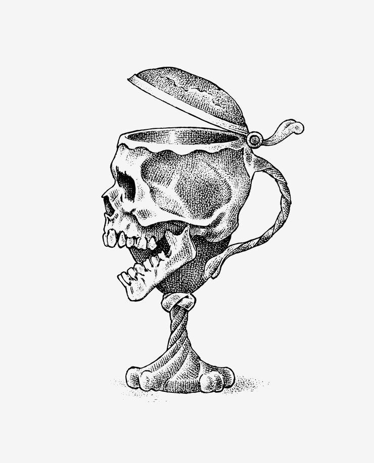 Vector cráneo humano en forma de copa de vino dibujo retro de la vieja escuela para tatuaje en estilo vintage símbolo monocromo insignia retro grabada dibujada a mano para afiche y logotipo de pancarta de camiseta