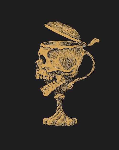 Vector cráneo humano en forma de copa de vino sobre fondo negro bosquejo retro de la vieja escuela para tatuaje en estilo vintage símbolo monocromo insignia retro grabada dibujada a mano para cartel de pancarta de camiseta