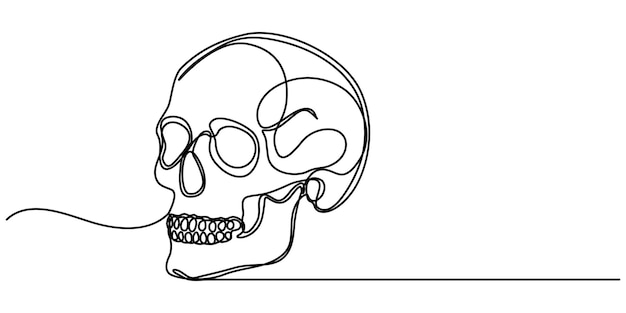 Cráneo humano Una línea continua Cráneo de Halloween aislado en fondo blanco Contorno de arte de línea pro